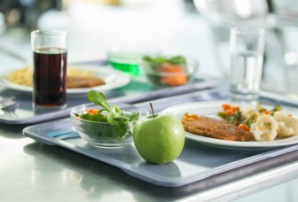 Foto af bakke med mad på tallerken, salat, æble og drikke.